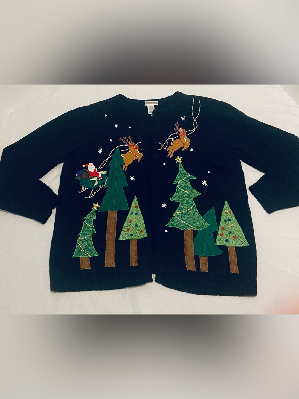 Holiday Cardigan Sweater w Festive Christmas Tree and Reindeer Appliqué, XL